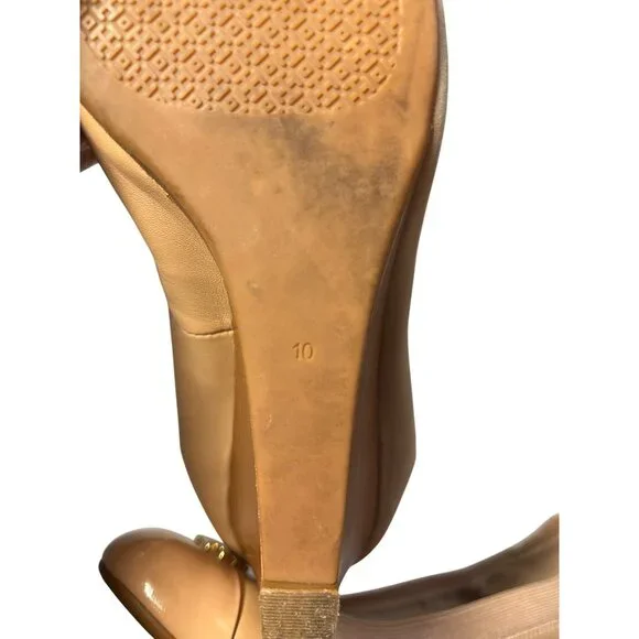 Tory Burch Beige Buttery Leather Wedge Heels Gold Logo Womens Size 10M Classic - Picture 12 of 12